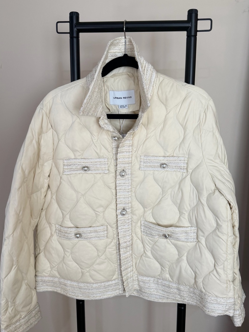 Urban Revivo Cream Quilted Puffer Jacket with Tweed Trim